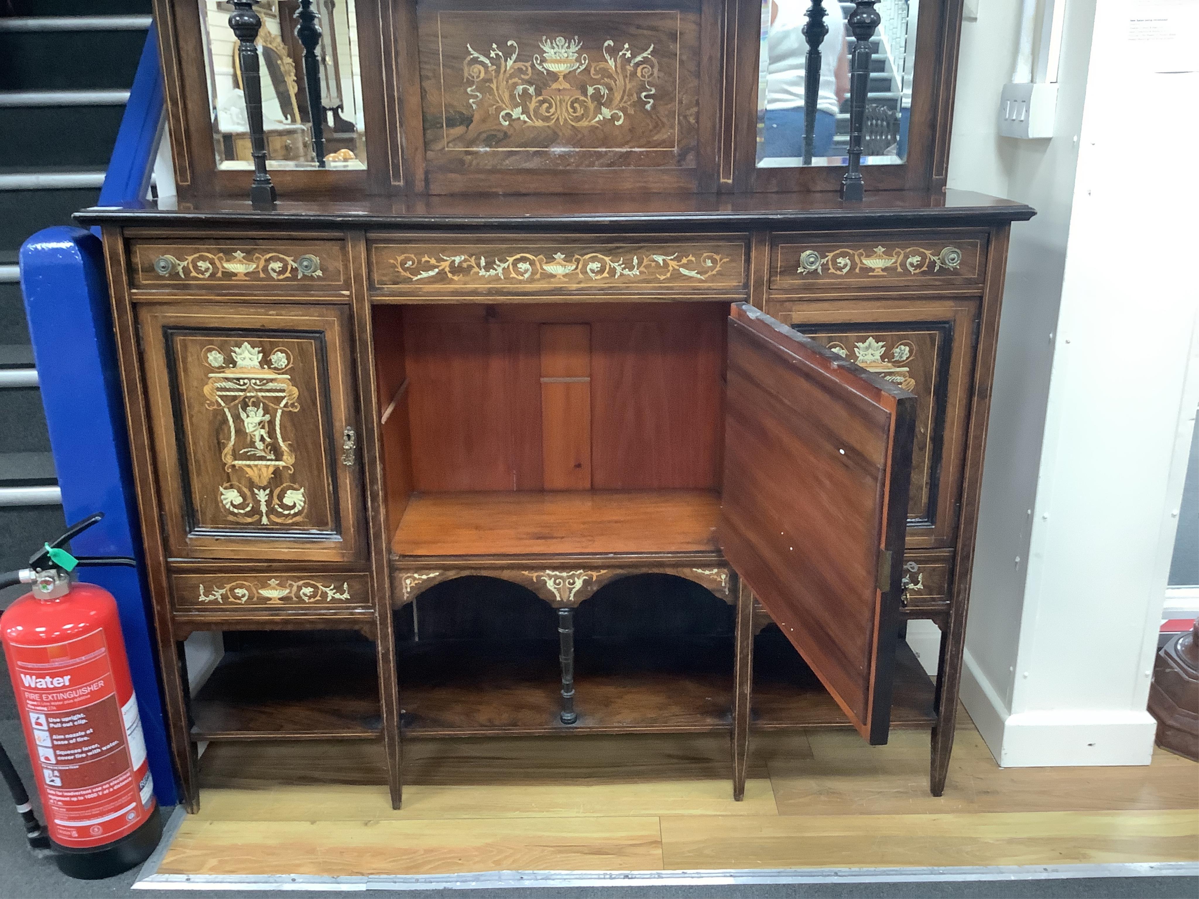 A Victorian marquetry and inlaid rosewood side cabinet, width 137cm, depth 37cm, height 232cm. Condition - good